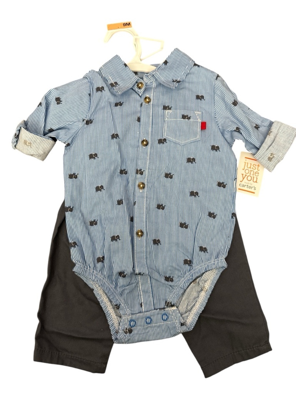 Carter's Blue Striped Elephant Shirt with Grey Blue Pants Set 9 months Nwt